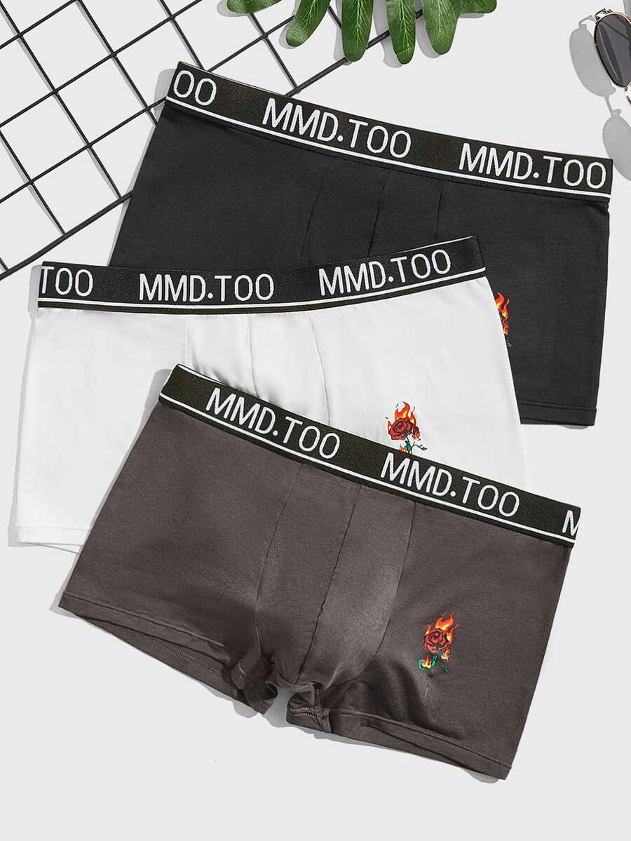 Men 3pcs Rose & Letter Graphic Boxer Brief - Multicolor - View 1