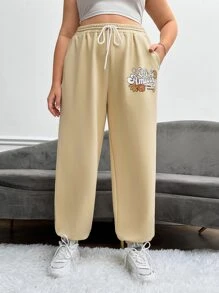SHEIN EZwear Plus Floral & Slogan Graphic Drawstring Waist Joggers - Khaki - View 2
