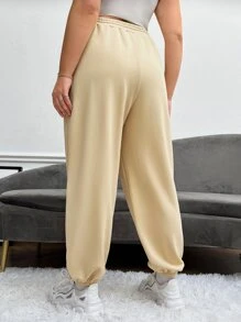 SHEIN EZwear Plus Floral & Slogan Graphic Drawstring Waist Joggers - Khaki - View 5