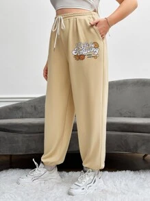 SHEIN EZwear Plus Floral & Slogan Graphic Drawstring Waist Joggers - Khaki - View 3