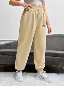 SHEIN EZwear Plus Floral & Slogan Graphic Drawstring Waist Joggers - Khaki - View 4