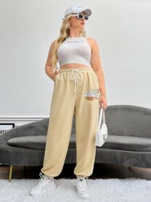 SHEIN EZwear Plus Floral & Slogan Graphic Drawstring Waist Joggers - Khaki - View 1