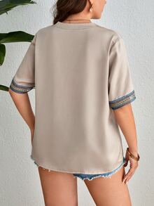 SHEIN Clasi Plus Contrast Tape Notched Neck Blouse - Apricot - View 2