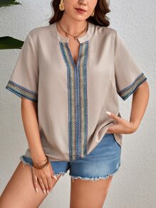 SHEIN Clasi Plus Contrast Tape Notched Neck Blouse - Apricot - View 1