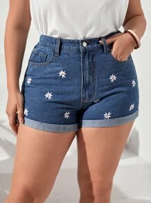 SHEIN Essnce Plus pantaloni scurți din denim cu tiv rulat cu broderie florală
