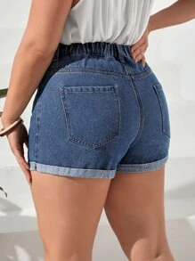 SHEIN Essnce Plus pantaloni scurți din denim cu tiv rulat cu broderie florală