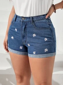 SHEIN Essnce Plus pantaloni scurți din denim cu tiv rulat cu broderie florală