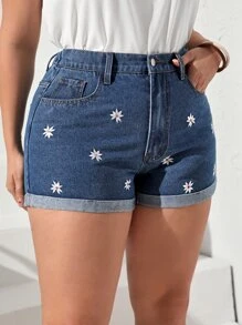 SHEIN Essnce Plus pantaloni scurți din denim cu tiv rulat cu broderie florală