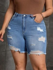 SHEIN Essnce 大碼破洞毛邊牛仔短褲