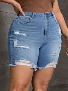 SHEIN Essnce 大碼破洞毛邊牛仔短褲
