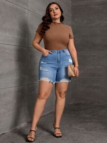 SHEIN Essnce 大碼破洞毛邊牛仔短褲