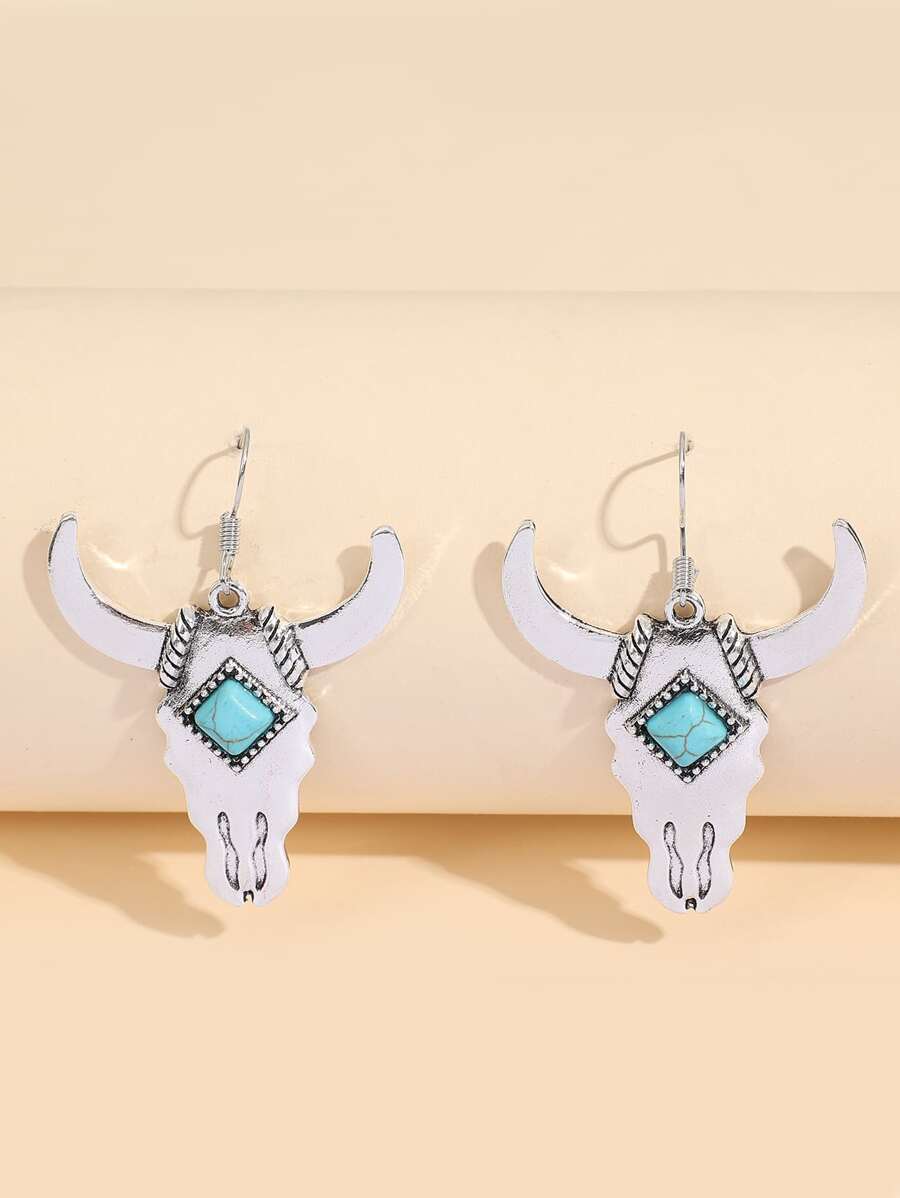 Cattle Head Drop Earrings - Antique Silver - View 1