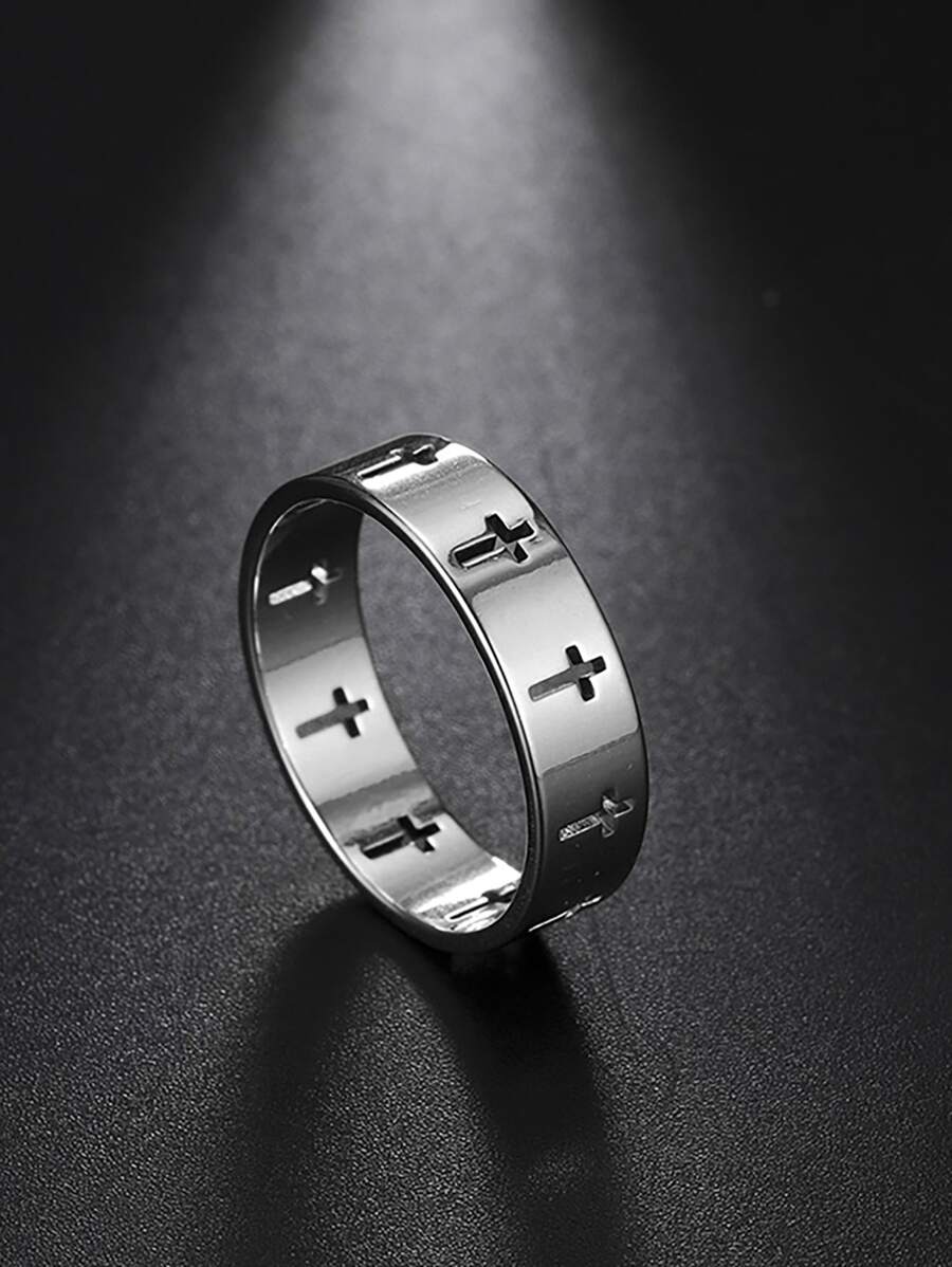 1pc Fashion Stainless Steel Hollow Out Cross Detail Ring For Women Men For Daily Decoration For Jewelry Gift