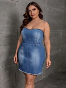 SHEIN Privé 大碼毛邊抹胸牛仔裙