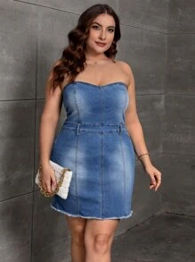 SHEIN Privé 大碼毛邊抹胸牛仔裙