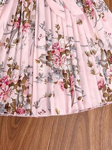 青少年女孩印花蝴蝶袖百褶下擺繫腰帶連衣裙 - 粉色 - 查看 3
