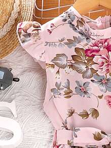 青少年女孩印花蝴蝶袖百褶下擺繫腰帶連衣裙 - 粉色 - 查看 4