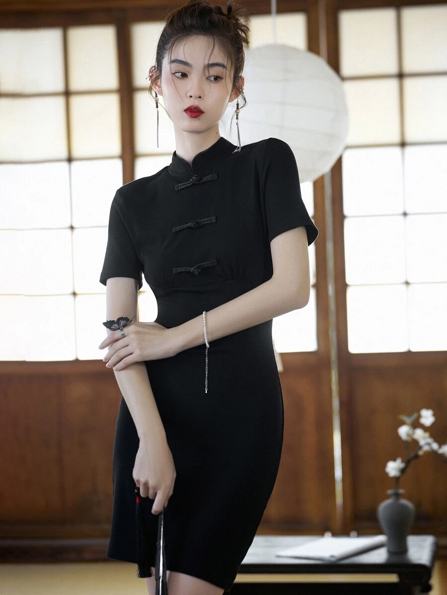 DAZY Mandarin Collar Frog Button Detail Bodycon Dress - Black - View 1