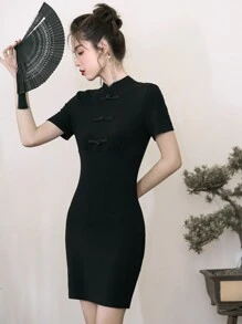 DAZY Mandarin Collar Frog Button Detail Bodycon Dress - Black - View 3