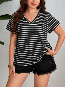 SHEIN LUNE Plus Striped Print V Neck Tee - Black and White - View 1
