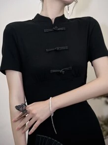 DAZY Mandarin Collar Frog Button Detail Bodycon Dress - Black - View 5