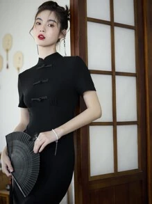 DAZY Mandarin Collar Frog Button Detail Bodycon Dress - Black - View 6