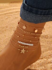 5pcs/Set Star & Faux Pearl Decor Anklet - Yellow Gold - View 1