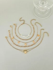 5pcs/Set Star & Faux Pearl Decor Anklet - Yellow Gold - View 2