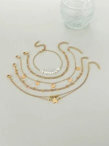 5pcs/Set Star & Faux Pearl Decor Anklet - Yellow Gold - View 4