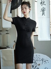 DAZY Mandarin Collar Frog Button Detail Bodycon Dress - Black - View 8