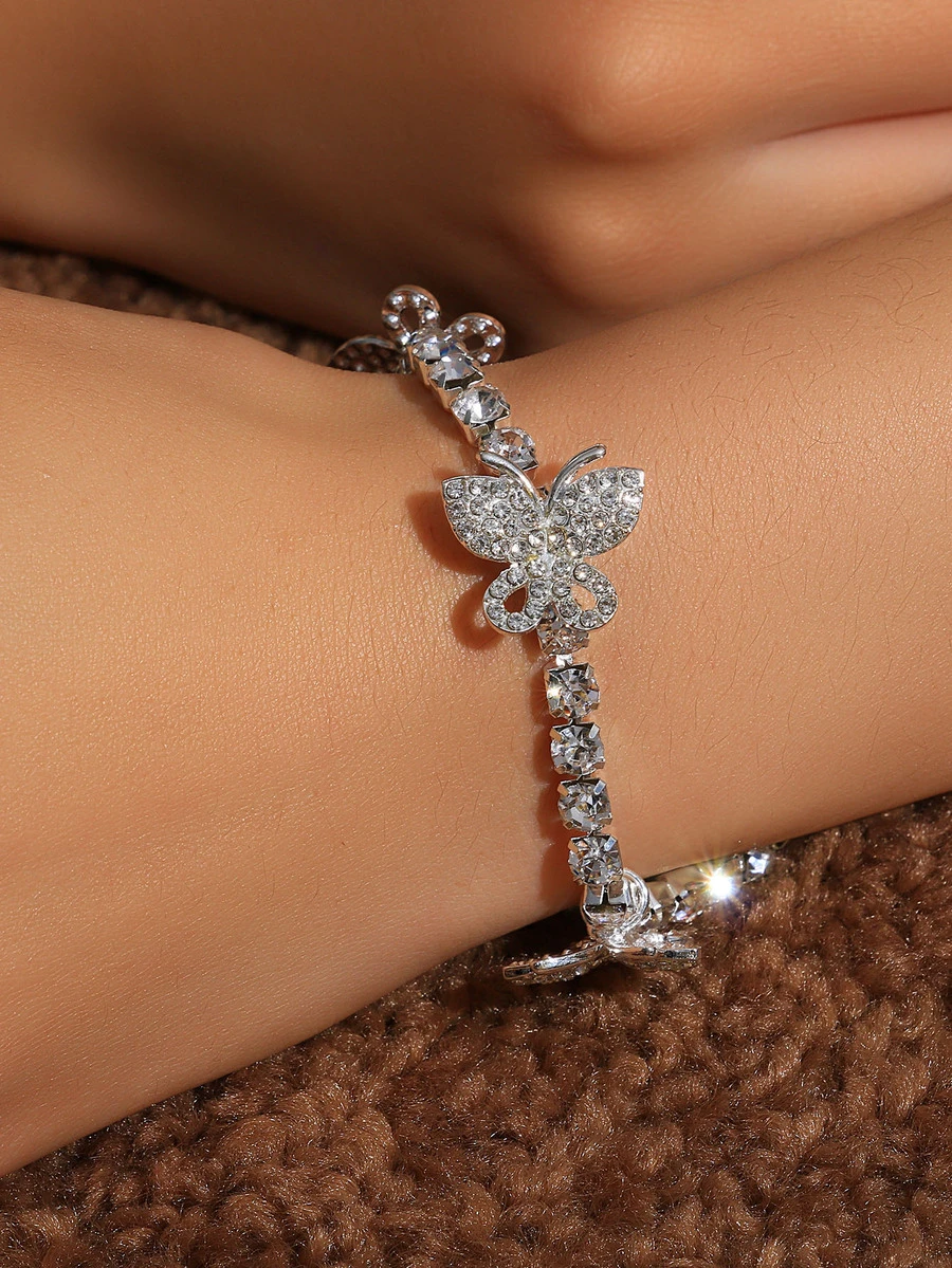Pulsera con diamante de imitación con diseño de mariposa - Plateado - Ver 1