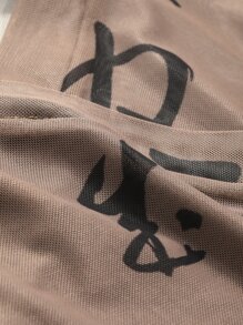 DAZY Chinese Character Graphic Crop Mesh Top - Brown - View 7