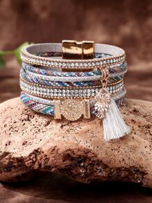 水鑽和流蘇裝飾分層手鏈 - 灰色 - 查看 1