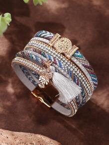 水鑽和流蘇裝飾分層手鏈 - 灰色 - 查看 2