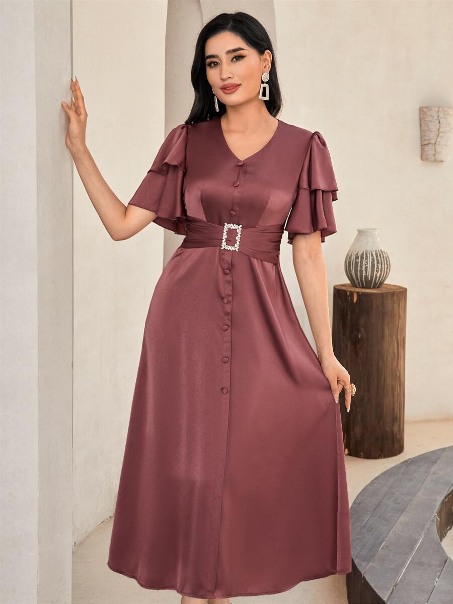 Modelyn Butterfly Sleeve Rhinestone Decor Button Front Satin Dress - Redwood - View 1