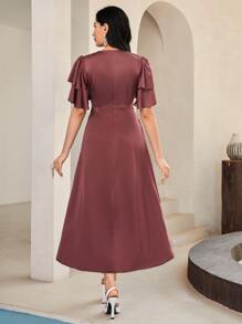 Modelyn Butterfly Sleeve Rhinestone Decor Button Front Satin Dress - Redwood - View 2