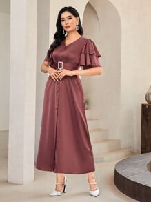 Modelyn Butterfly Sleeve Rhinestone Decor Button Front Satin Dress - Redwood - View 3