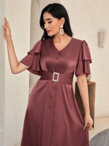 Modelyn Butterfly Sleeve Rhinestone Decor Button Front Satin Dress - Redwood - View 4