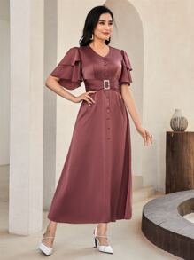 Modelyn Butterfly Sleeve Rhinestone Decor Button Front Satin Dress - Redwood - View 5