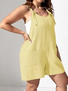 SHEIN VCAY 大碼肩上打結口袋貼布背帶連體短褲不附抹胸 - 黃色 - 查看 1
