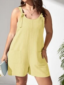 SHEIN VCAY 大碼肩上打結口袋貼布背帶連體短褲不附抹胸 - 黃色 - 查看 2