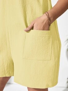 SHEIN VCAY 大碼肩上打結口袋貼布背帶連體短褲不附抹胸 - 黃色 - 查看 3