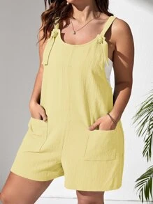 SHEIN VCAY 大碼肩上打結口袋貼布背帶連體短褲不附抹胸 - 黃色 - 查看 5