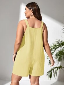 SHEIN VCAY 大碼肩上打結口袋貼布背帶連體短褲不附抹胸 - 黃色 - 查看 6