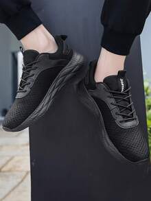 男士字母織帶裝飾繫帶運動戶外黑色織物跑步鞋