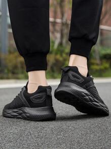 男士字母織帶裝飾繫帶運動戶外黑色織物跑步鞋
