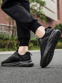 男士字母織帶裝飾繫帶運動戶外黑色織物跑步鞋