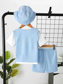 SHEIN Playful Pals 男孩坐馬和人物繡花2合1短袖上衣&短褲&帽子 - 藍白色 - 查看 2