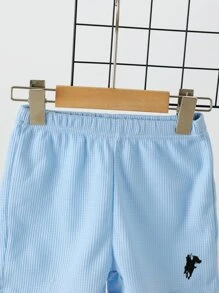 SHEIN Playful Pals 男孩坐馬和人物繡花2合1短袖上衣&短褲&帽子 - 藍白色 - 查看 4