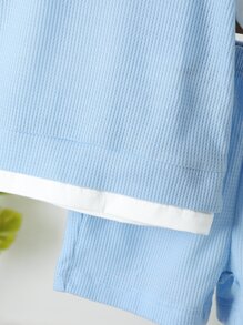 SHEIN Playful Pals 男孩坐馬和人物繡花2合1短袖上衣&短褲&帽子 - 藍白色 - 查看 5